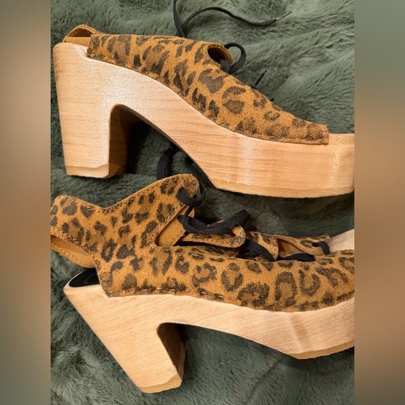 No. 6 Shoes - No. 6, Leopard Print Lace Up Women's Wooden Sandals, Size 38/7.5